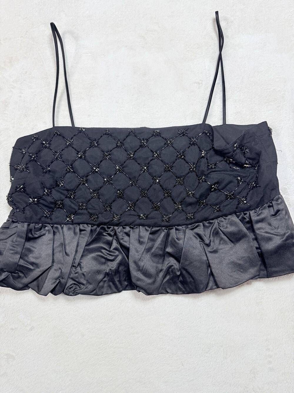 Anthropologie Beaded Lattice Top Black Bubble Hem Whimsigoth Party Cami Sz XL